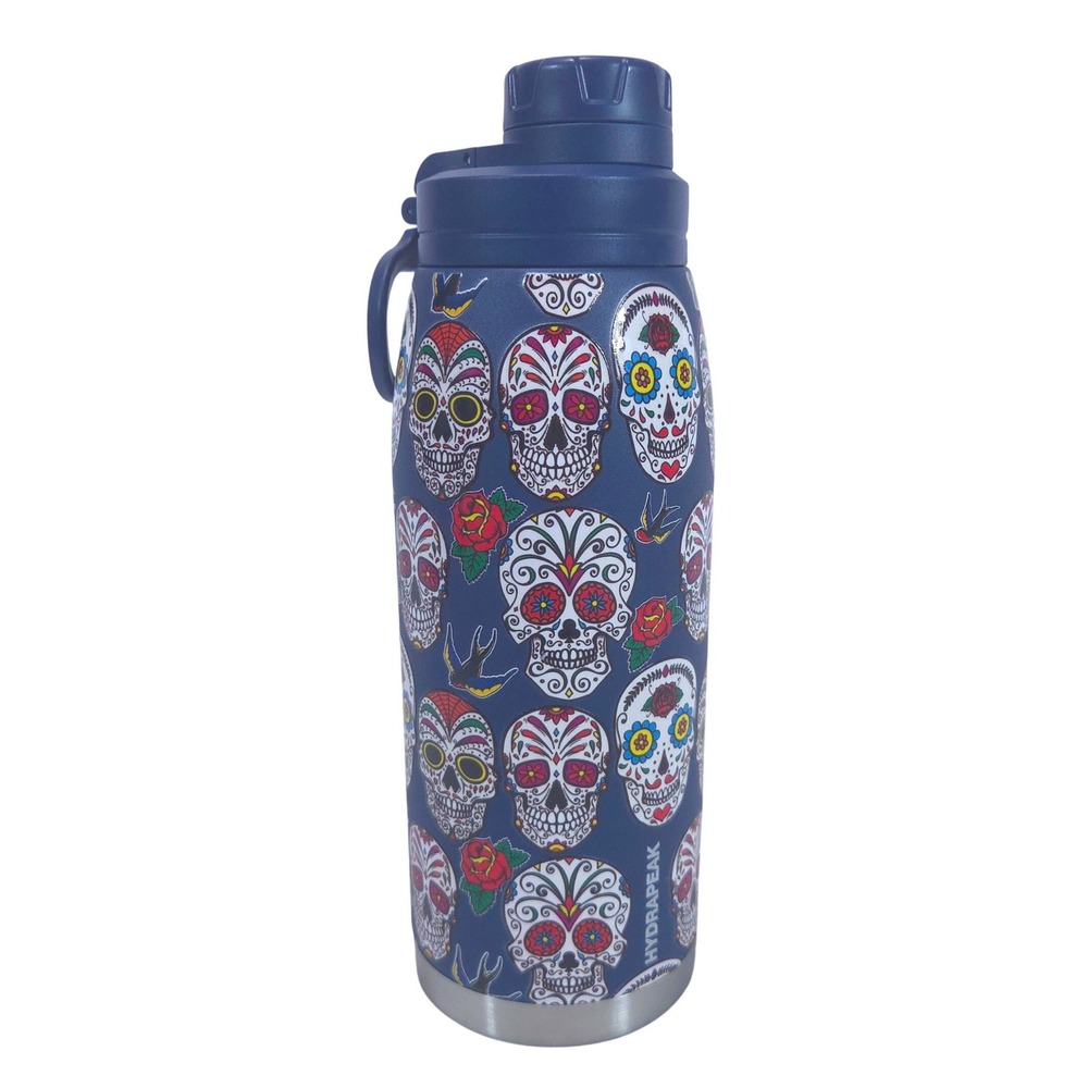 Hydrapeak Flow Sugar Skull 32oz Water Bottle Blue Stainless Steel Leak proof